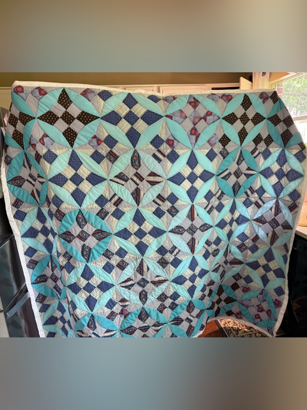 Vintage Handmade Patchwork Quilt Double Wedding Ring Style Aqua Blue 84x66 - Picture 4 of 13